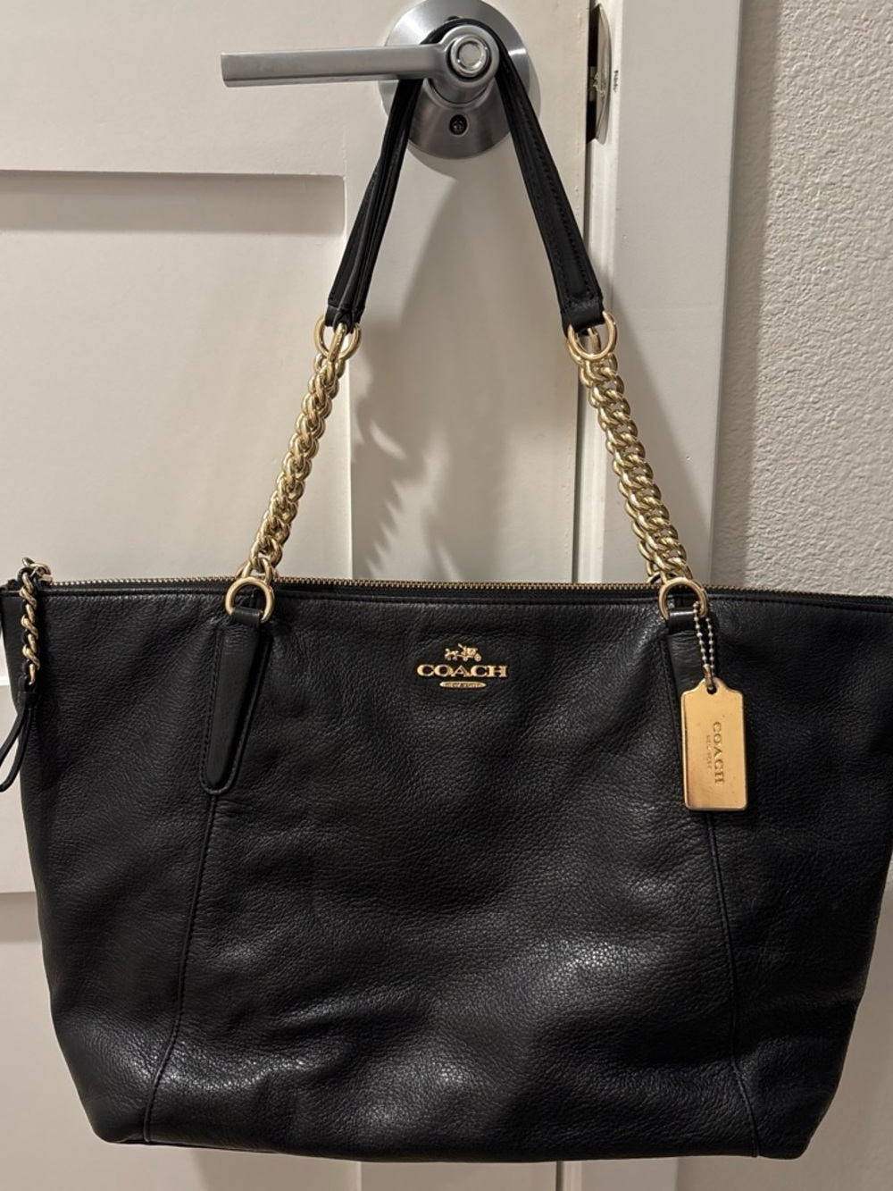 Coach Ava Classic Black Leather Tote with Gold Chain Handles & Hang Tag